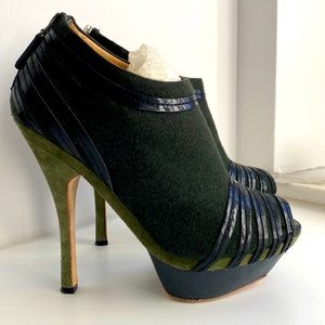 LAMB Green Wool Leather Platform Peep Toe Booties